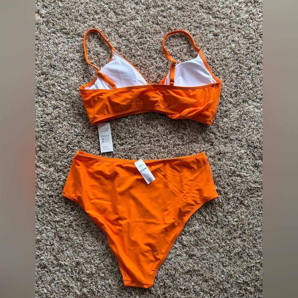 NWT. Cupshe Women’s High-Waist Two-Piece Swim Set - Bright Orange - Picture 2 of 2